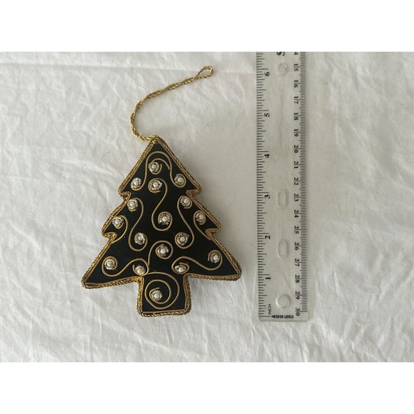 Pair of Zari Christmas Ornament, Red and Black Tree, Zardozi Embroidery - Picture 5 of 5